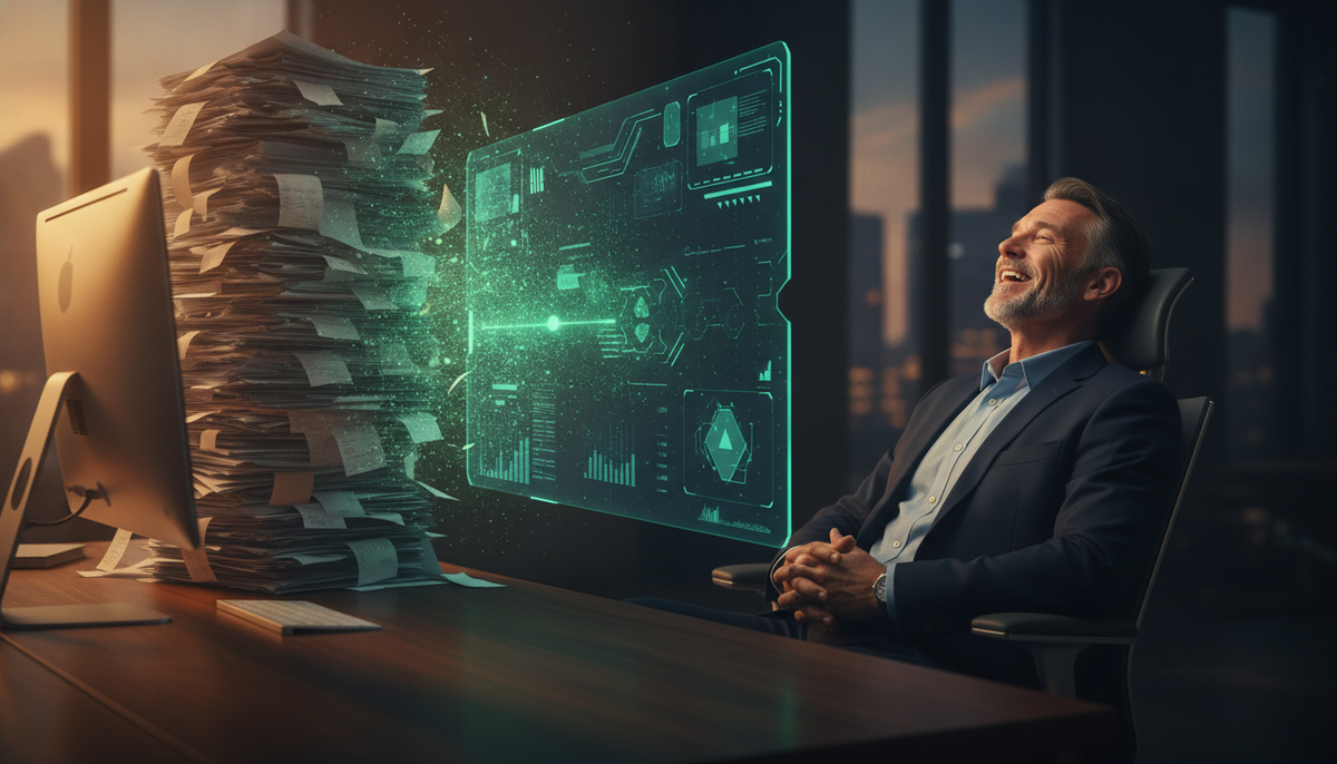 A relieved accountant beside a clearing pile of paperwork as an AI interface works