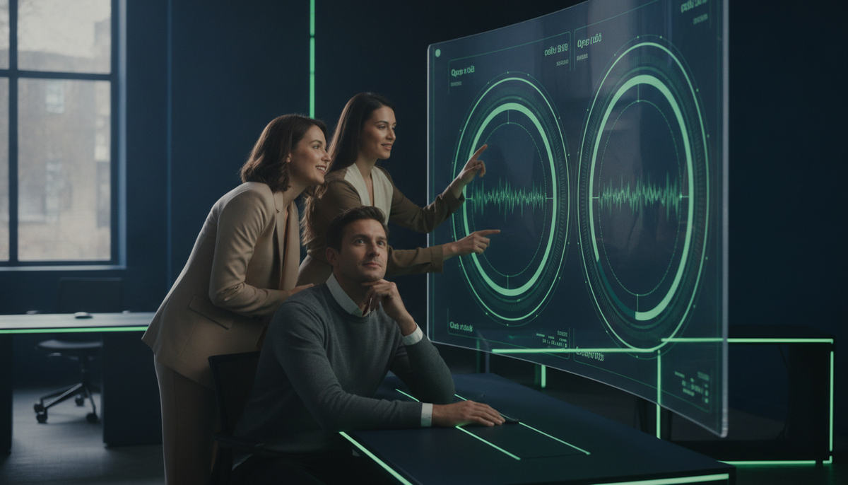 An accountancy team collaborating calmly around a glowing quarterly-cycle dashboard