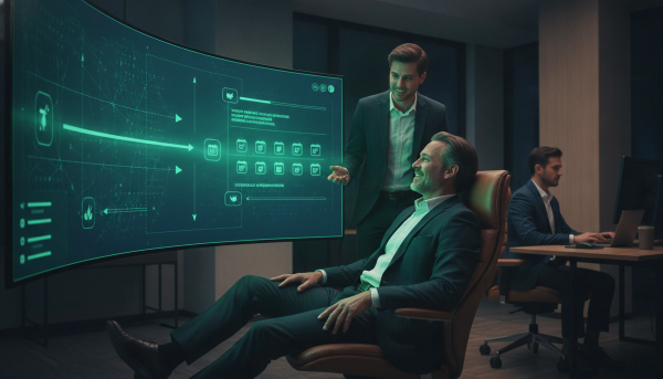 A delighted business owner watching their website book meetings automatically on a large screen
