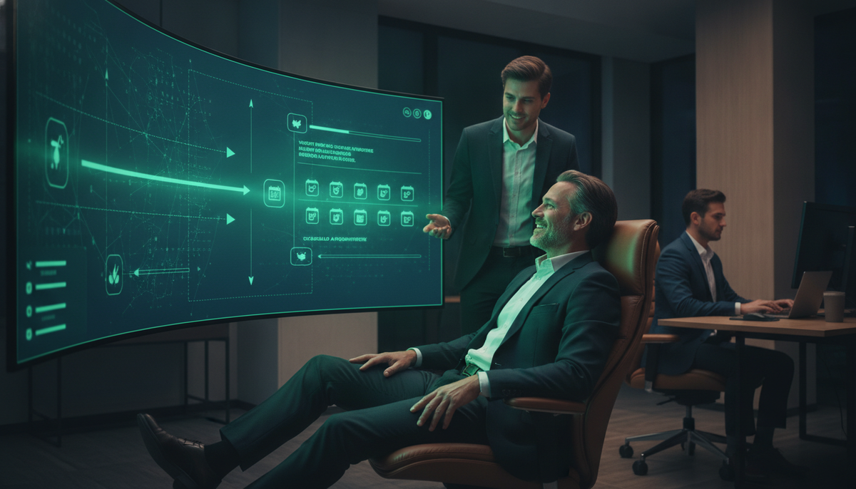 A delighted business owner watching their website book meetings automatically on a large screen