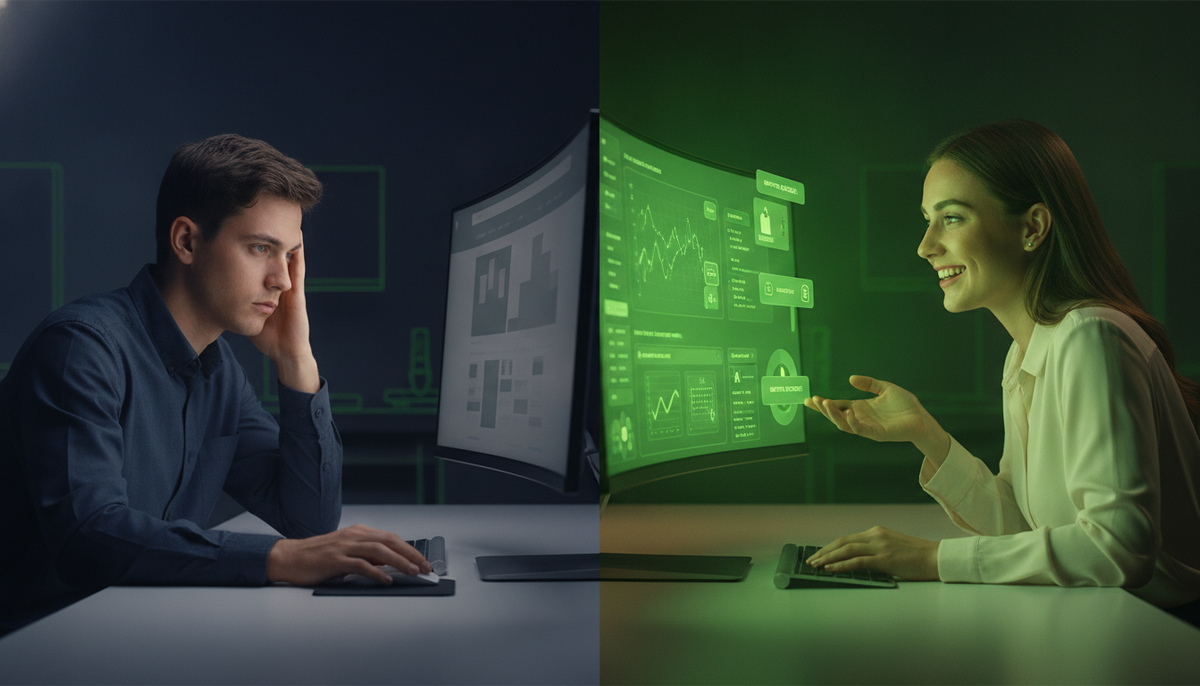 Split image of a bored person at a static website and a happy person at an active one
