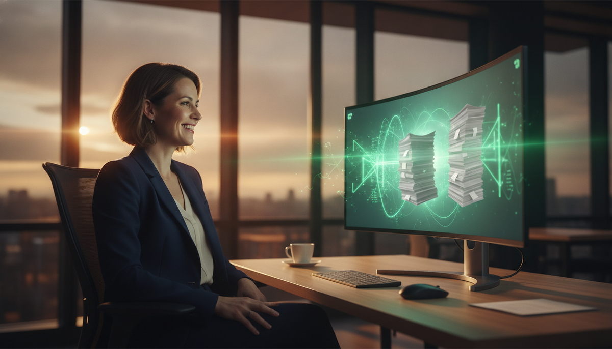 A smiling accountant at a desk as an AI assistant on screen clears their paperwork