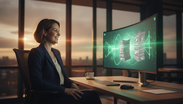 A smiling accountant at a desk as an AI assistant on screen clears their paperwork