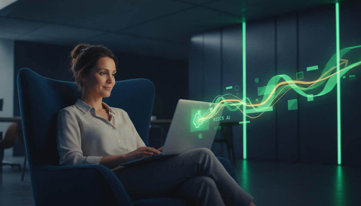 A relaxed client on a laptop being guided by a friendly AI interface
