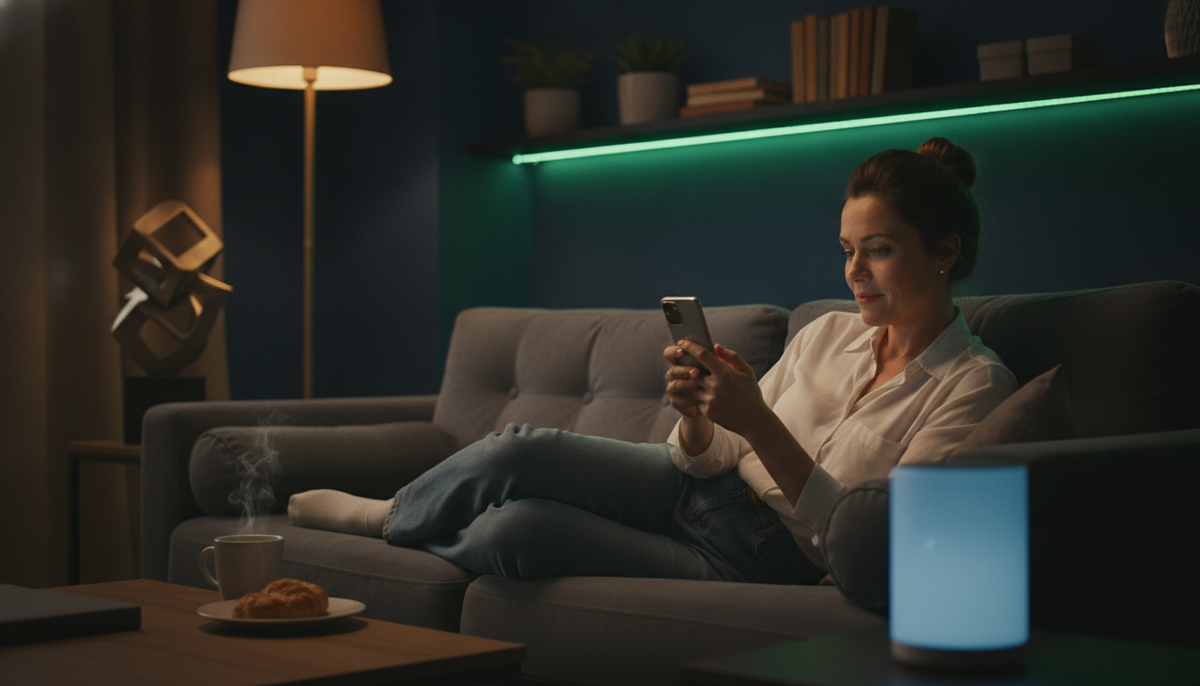 A person on their sofa at night sending an enquiry and getting an immediate helpful reply
