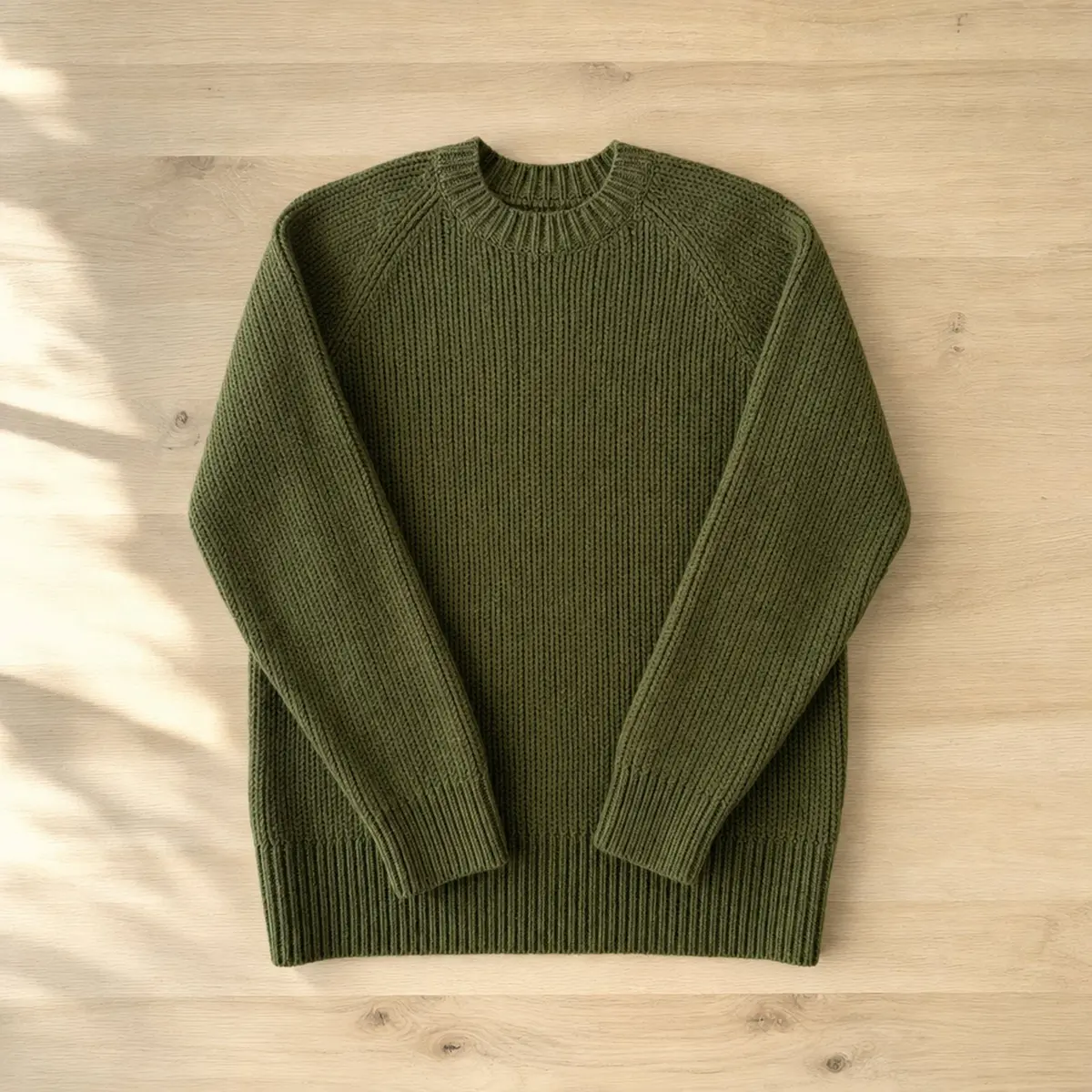 Groene gebreide trui met lange mouwen, plat neergelegd op een lichte houten vloer