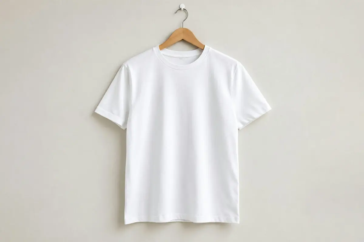 Wit T-shirt aan een houten hanger tegen een lichte muur
