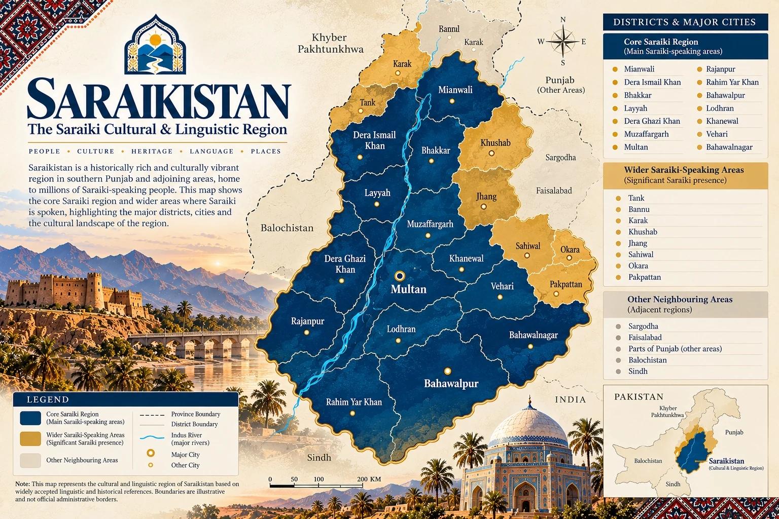 Saraikistan cultural map showing the Saraiki-speaking region of Pakistan, including Multan, Dera Ghazi Khan, Bahawalpur and surrounding areas.