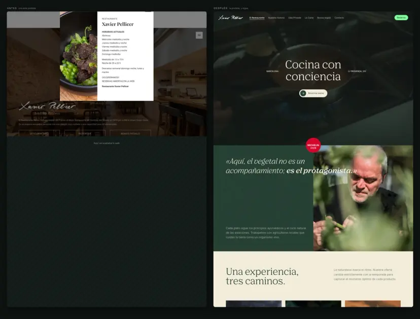 La portada antes y después, entera: la antigua cabía en una pantalla, con un pop-up de horarios y tres botones; la nueva sigue con la filosofía, el chef y los menús