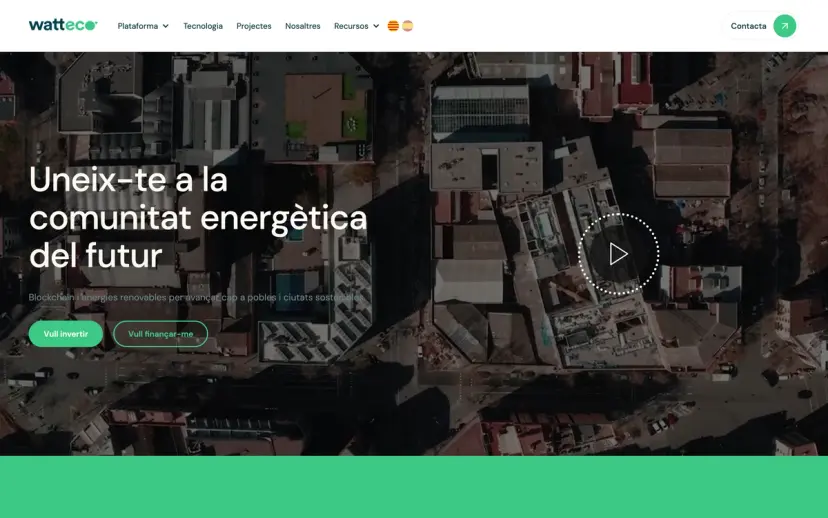 La portada de watteco.cat: "Uneix-te a la comunitat energètica del futur", con invertir o financiarse
