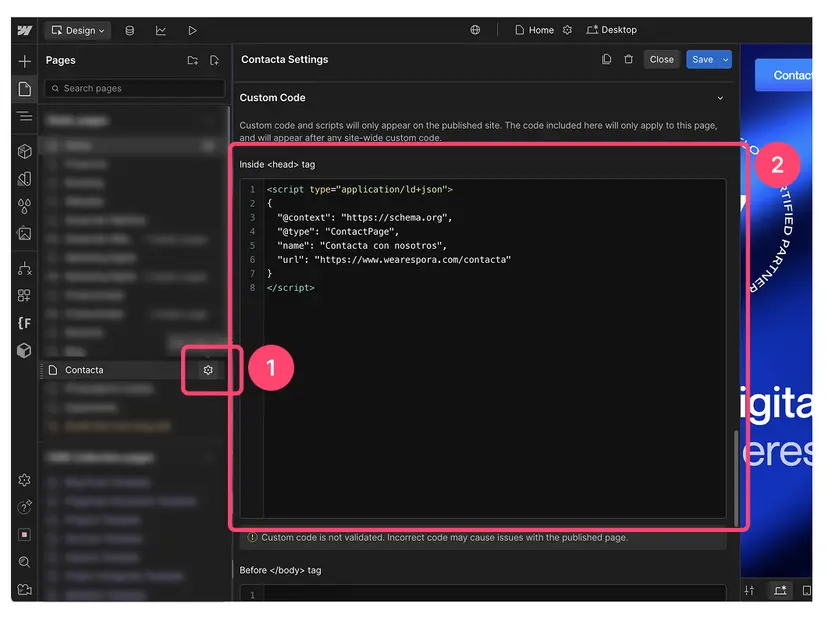 Ajustes de la página Contacta en Webflow, con un schema ContactPage en Custom Code