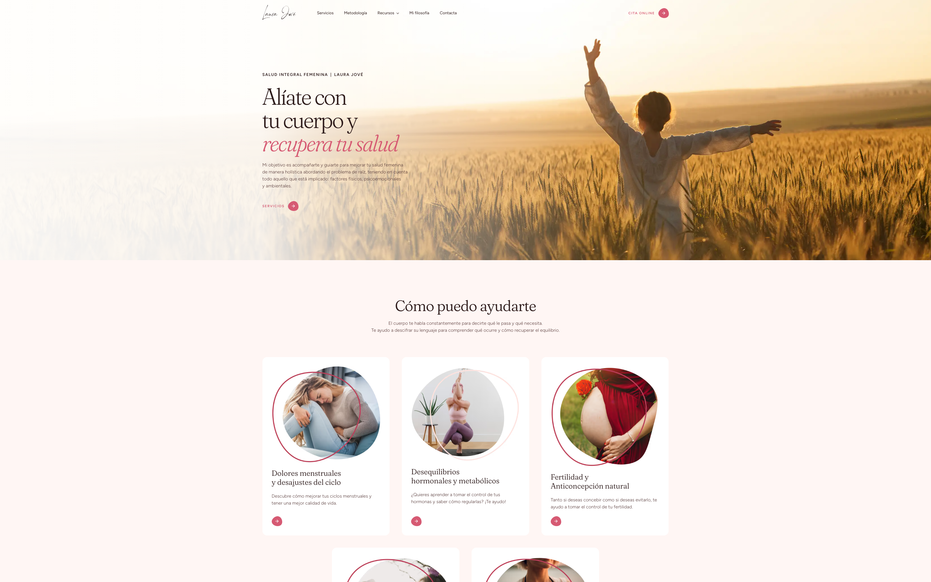 La portada de laurajove.com: "Alíate con tu cuerpo y recupera tu salud" y los cinco problemas que trata