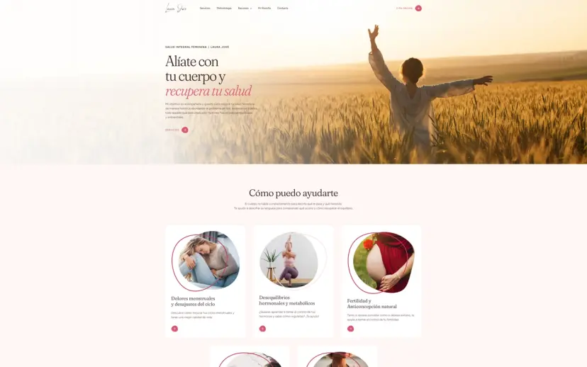 La portada de laurajove.com: "Alíate con tu cuerpo y recupera tu salud" y los cinco problemas que trata