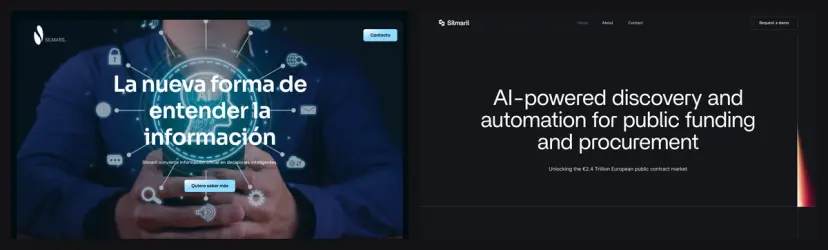 Antes y después: la portada de enero de 2026, "La nueva forma de entender la información" sobre una foto de stock, y la de hoy, "AI-powered discovery and automation for public funding and procurement"