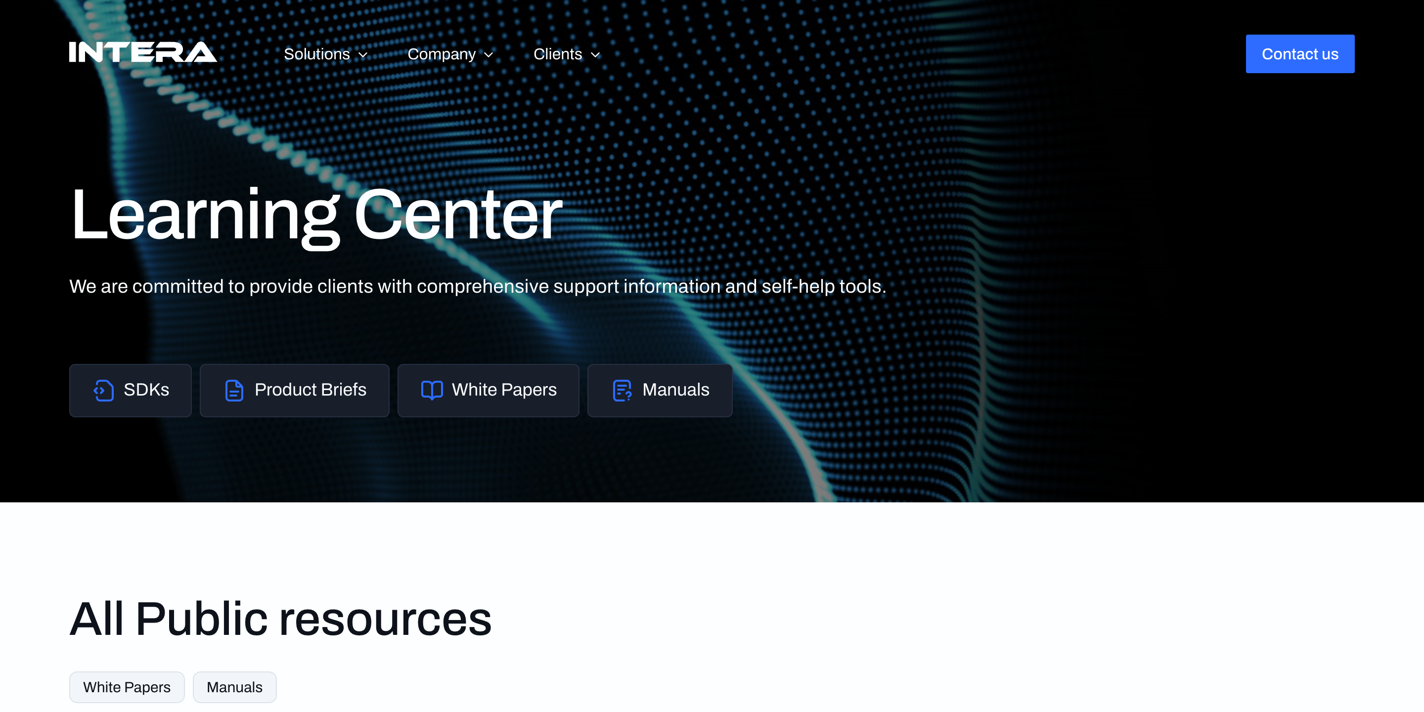El Learning Center de INTERA: las categorías de documentación (SDK, product briefs, white papers y manuales) y los recursos públicos debajo