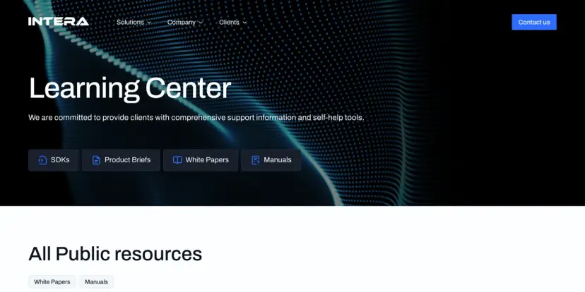 El Learning Center de INTERA: las categorías de documentación (SDK, product briefs, white papers y manuales) y los recursos públicos debajo