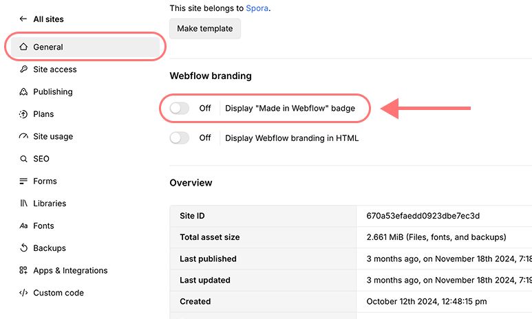 Ajustes generales de Webflow con el interruptor Display "Made in Webflow" badge desactivado