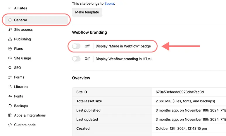 Ajustes generales de Webflow con el interruptor Display "Made in Webflow" badge desactivado