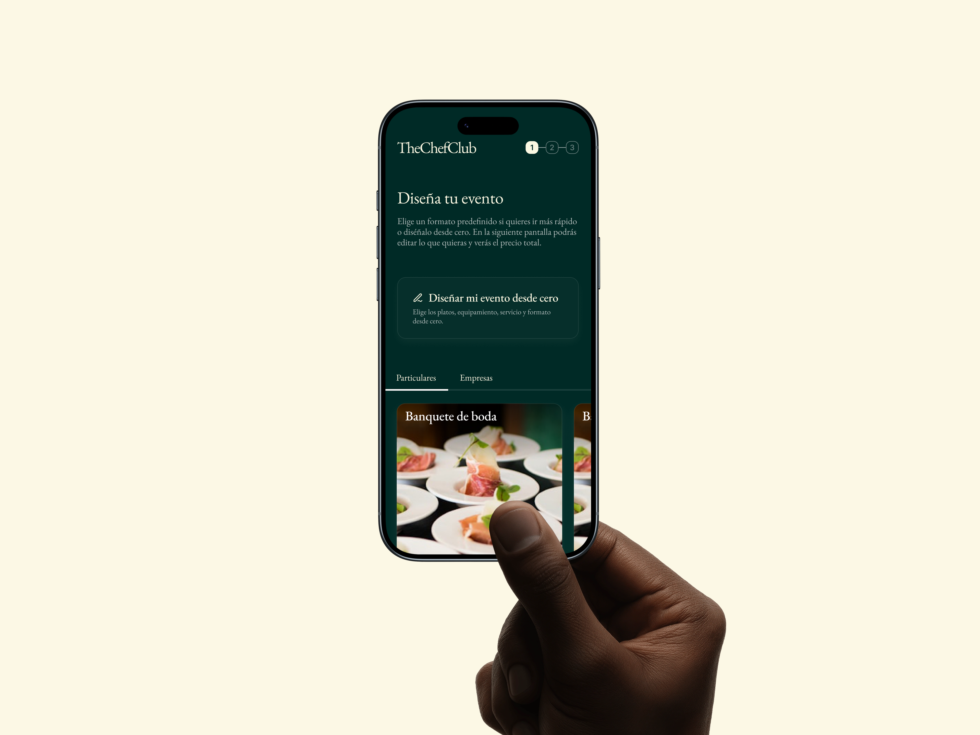 El configurador en un móvil en la mano: el primer paso, diseña tu evento, con las plantillas para particulares
