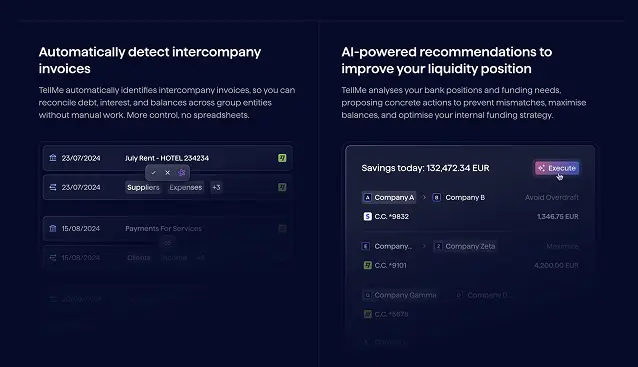 Dos bloques de producto de la web: detección automática de facturas intercompañía y recomendaciones de liquidez
