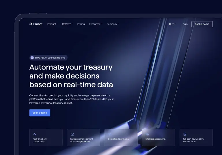 La portada de la web de Embat en una tableta: "Automate your treasury and make decisions based on real-time data"