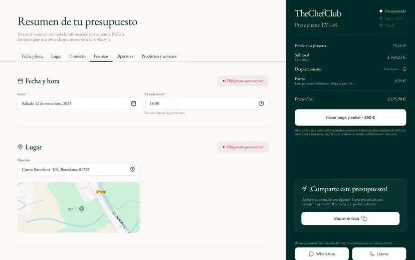 La página del presupuesto: fecha, hora y lugar con el mapa, y a la derecha el precio final y el botón para pagar la señal
