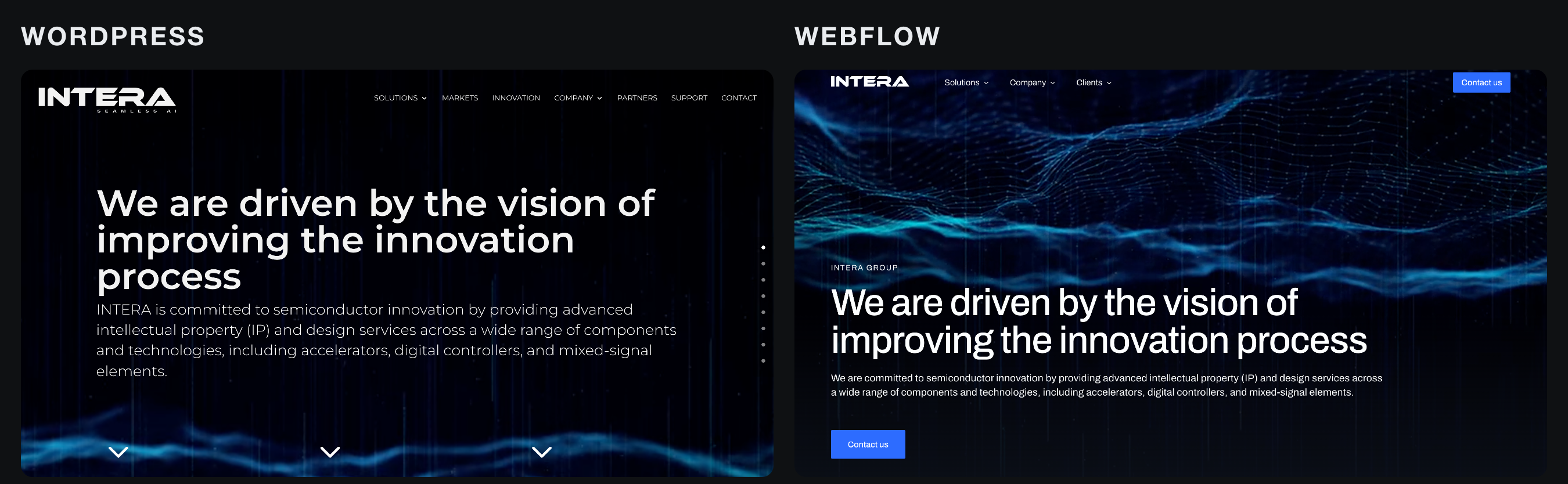 La portada antes y después: a la izquierda la web en WordPress, a la derecha la nueva en Webflow, con el mismo titular y una onda de partículas azul de fondo en las dos