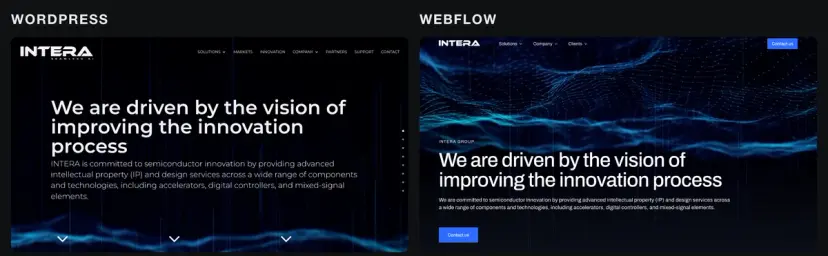 La portada antes y después: a la izquierda la web en WordPress, a la derecha la nueva en Webflow, con el mismo titular y una onda de partículas azul de fondo en las dos