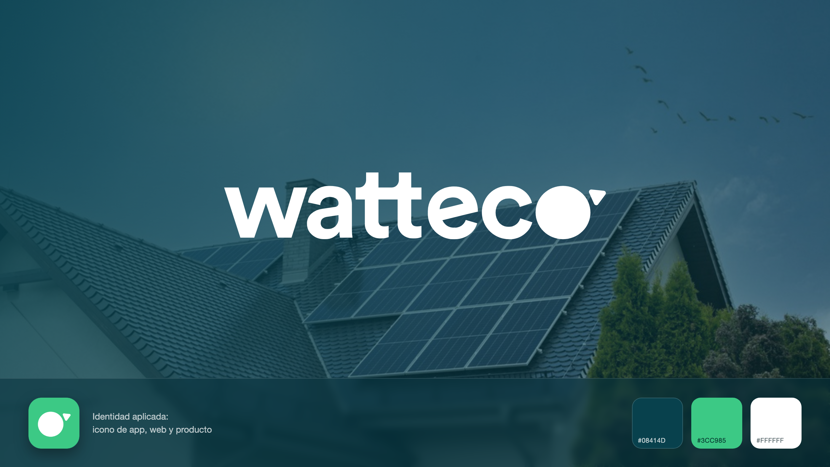 La marca Watteco aplicada: el logotipo en blanco sobre una instalación solar, con el icono de la app y la paleta