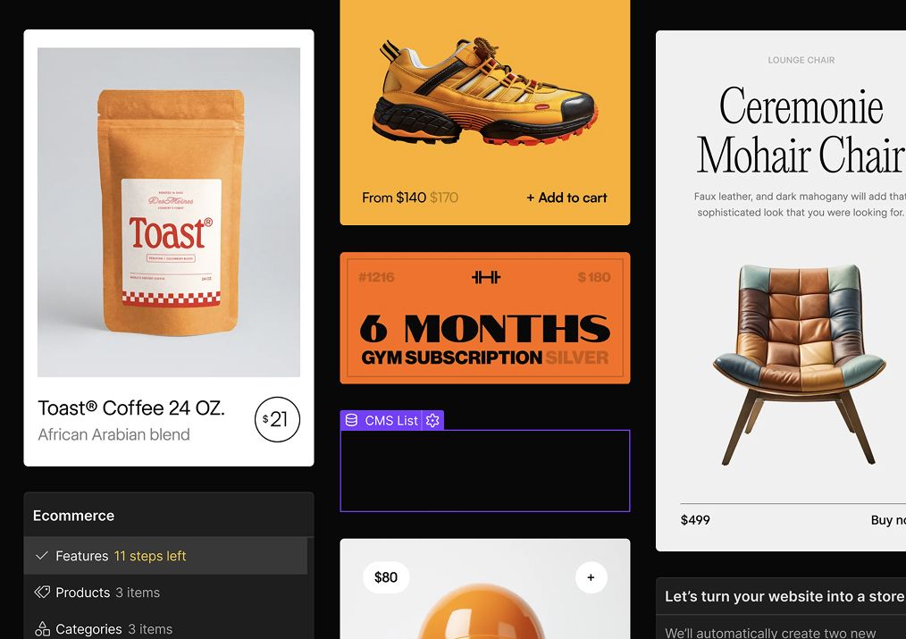 Elementos de ecommerce en Webflow: fichas de producto, un listado del CMS y el panel de Ecommerce