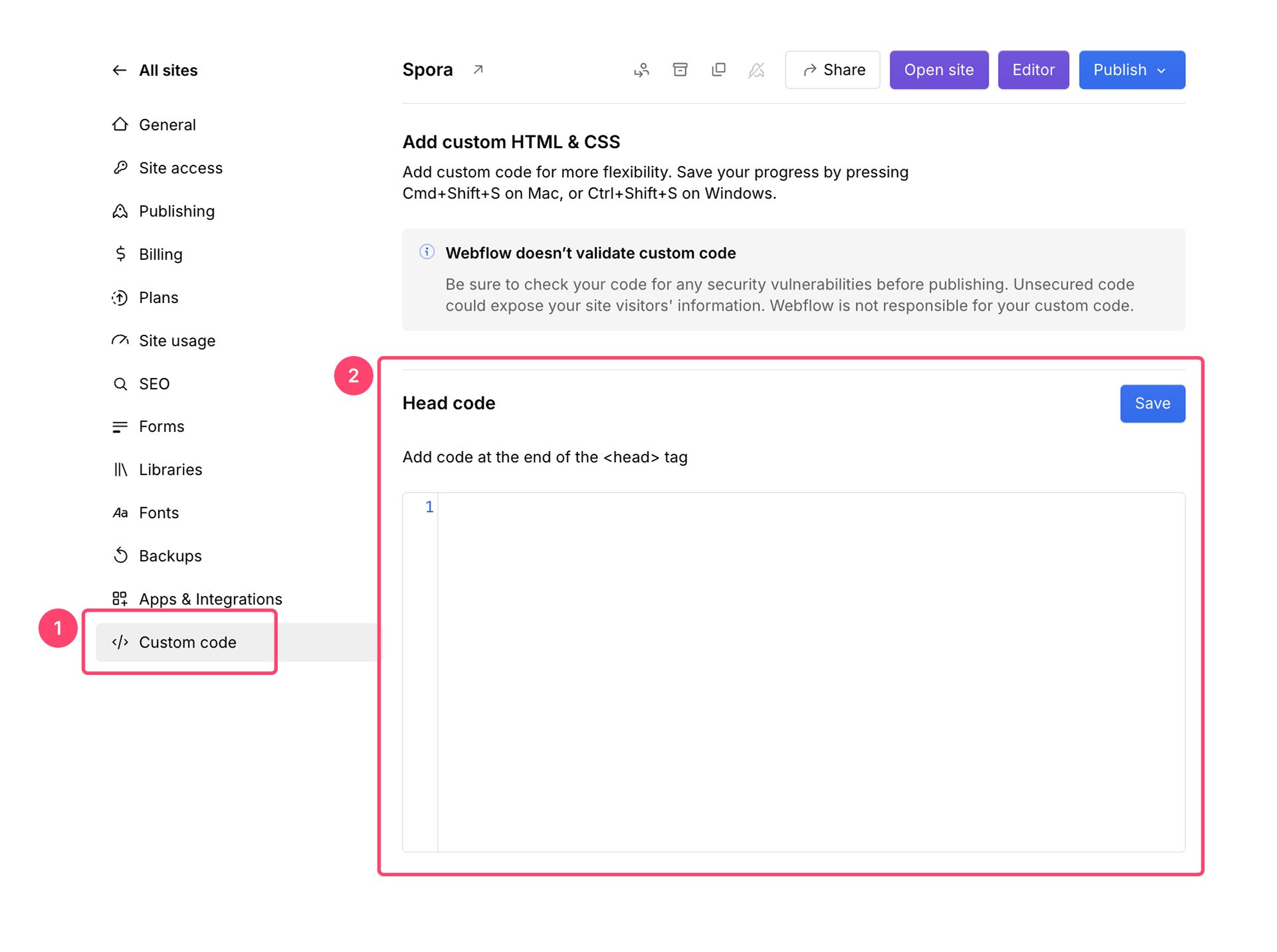 Ajustes del sitio en Webflow: Custom code y el campo Head code, donde va el JSON-LD