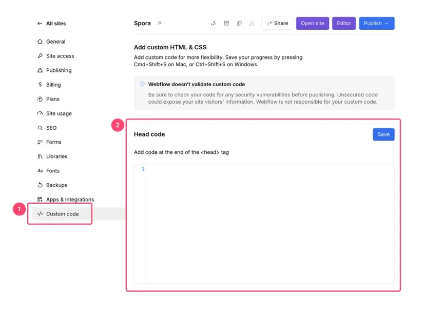 Ajustes del sitio en Webflow: Custom code y el campo Head code, donde va el JSON-LD