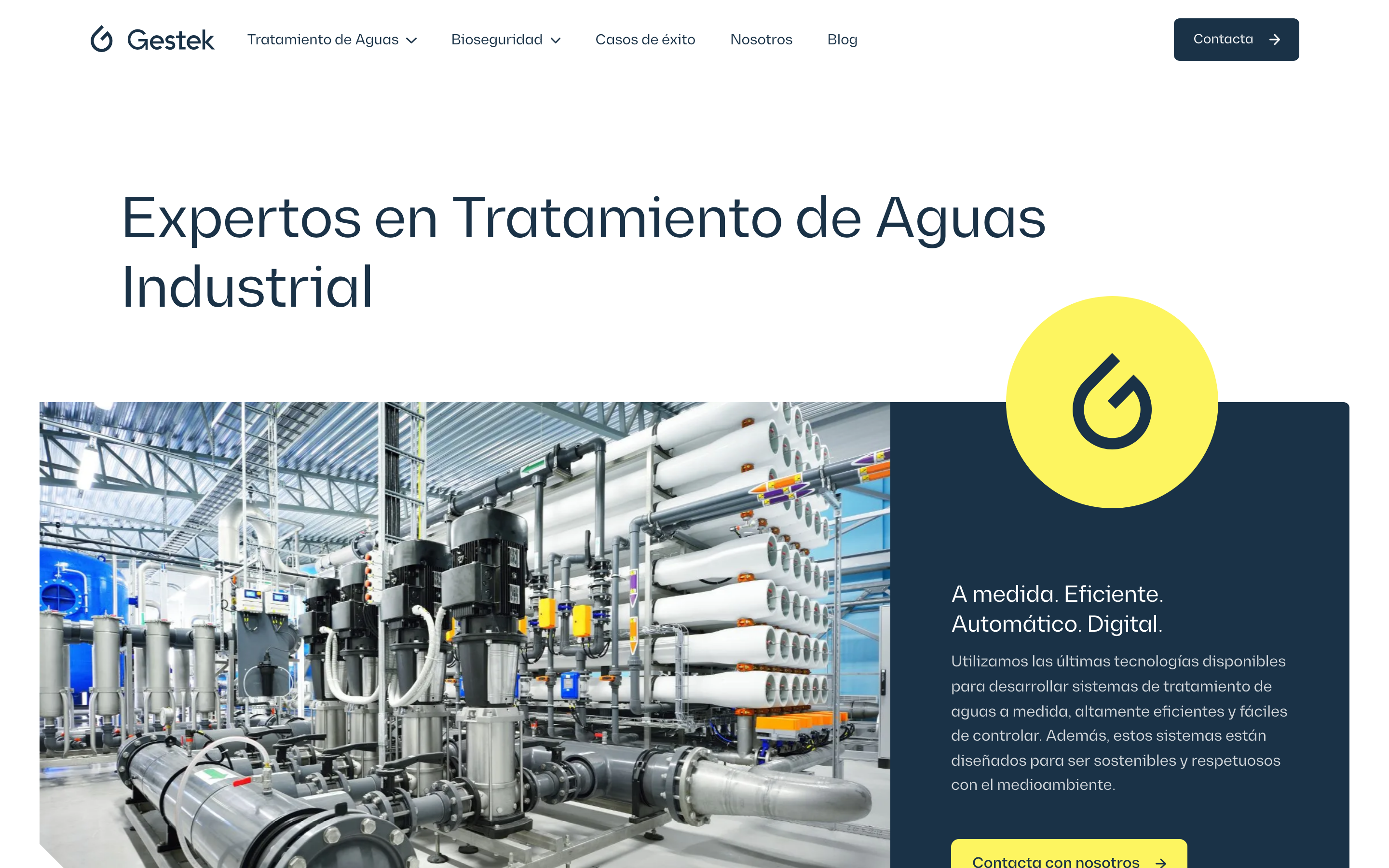 La página de tratamiento de aguas industrial, con la planta de ósmosis y el bloque azul marino de argumentos