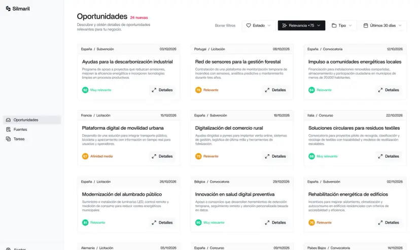 La aplicación con la nueva marca: la bandeja de oportunidades, con país, tipo, fecha y relevancia de cada licitación o ayuda
