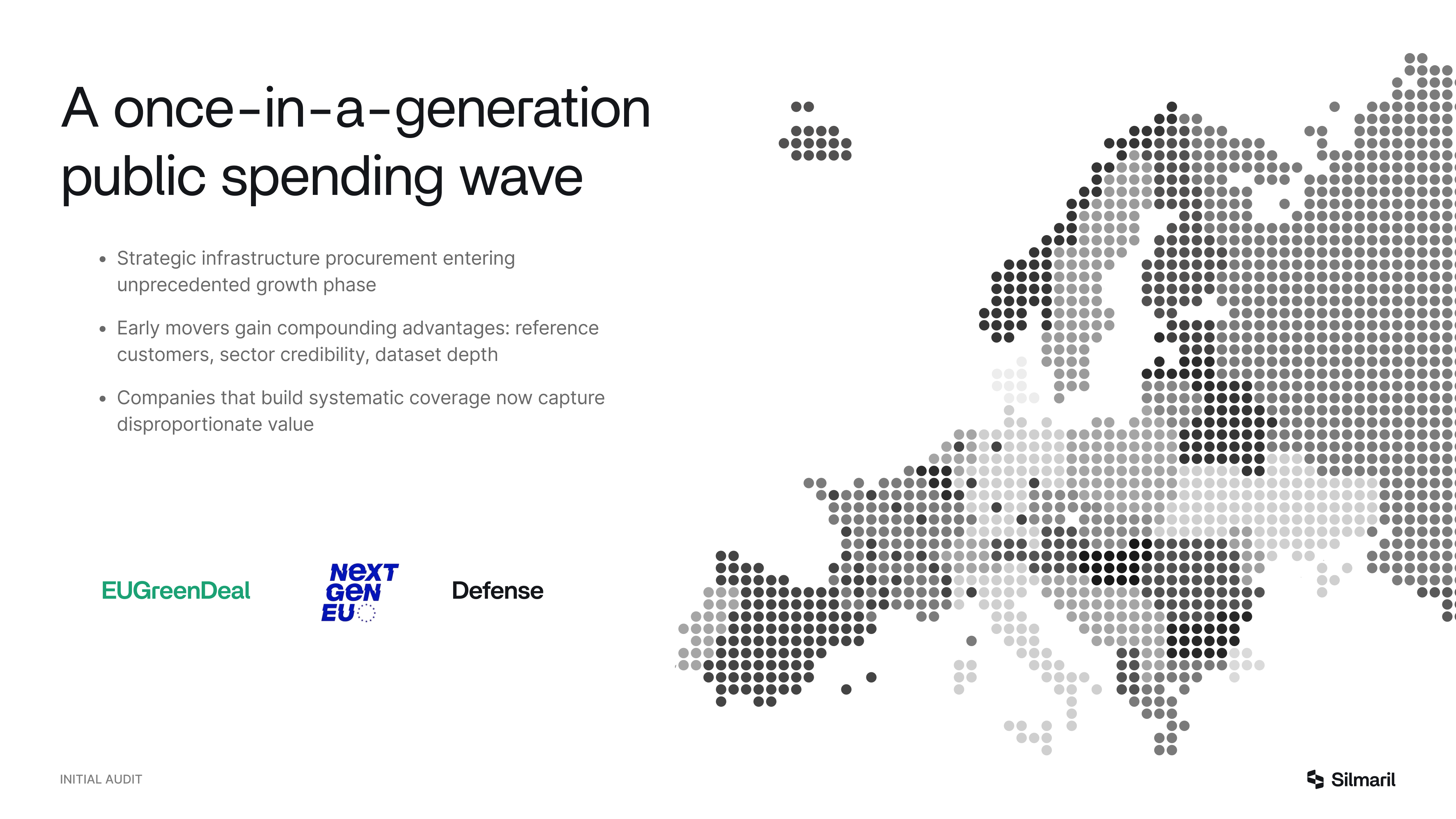 Una diapositiva del pitch deck: "A once-in-a-generation public spending wave", con el mapa de Europa