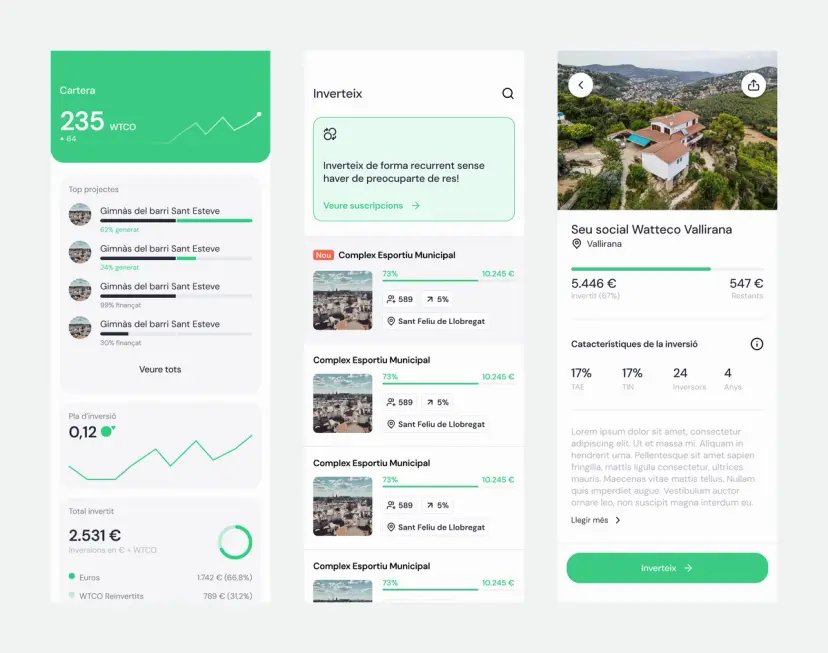 Tres pantallas de la app de Watteco: la cartera, la lista de proyectos para invertir y la ficha de un proyecto con su TAE y su TIN