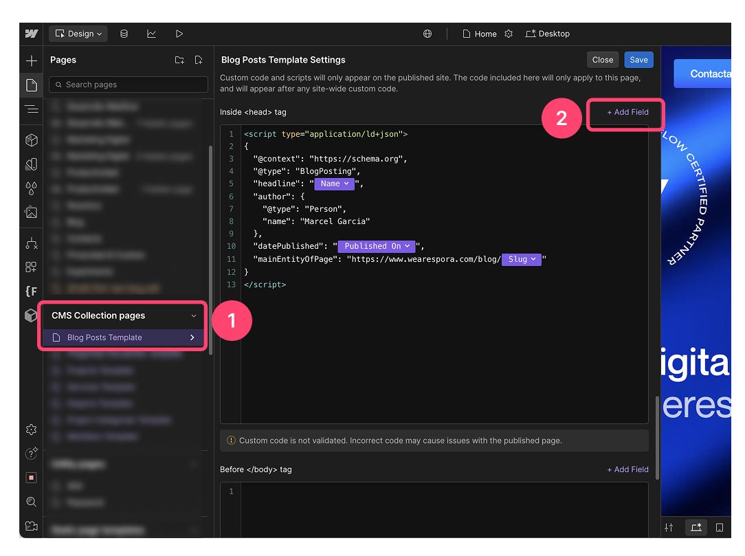 Ajustes de la plantilla de posts del CMS en Webflow, con un schema BlogPosting que usa campos dinámicos