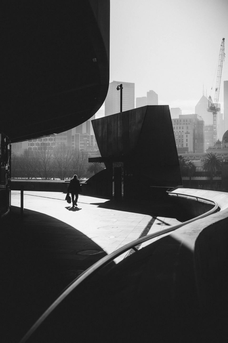 Curved architectural forms silhouetted against the city.