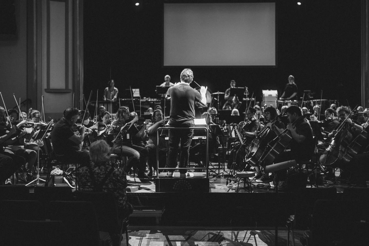 A conductor leading the orchestra on stage, viewed from behind in black and white. Australian Doctors Orchestra 2026, Adelaide.