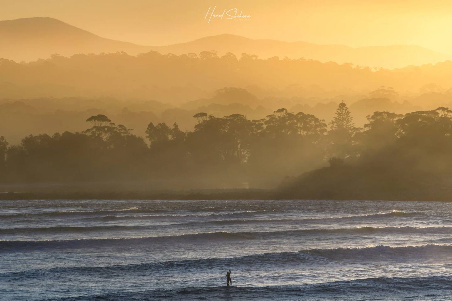 A small figure among parallel waves with misty, tree-covered hills in golden light.
