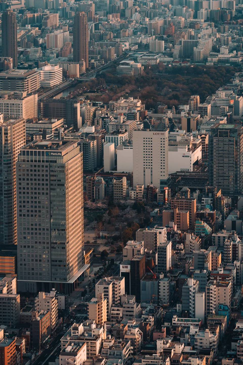 A densely layered city skyline viewed from above.