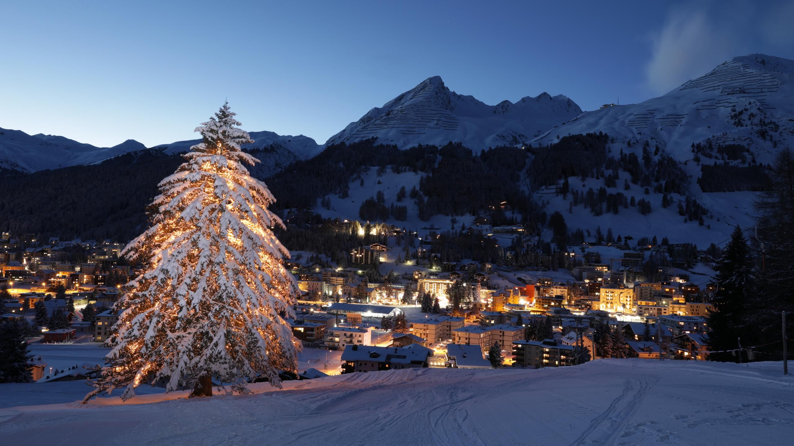 Winter Abendstimmung mit Lichter Tanne Schnee Stimmung Stadt