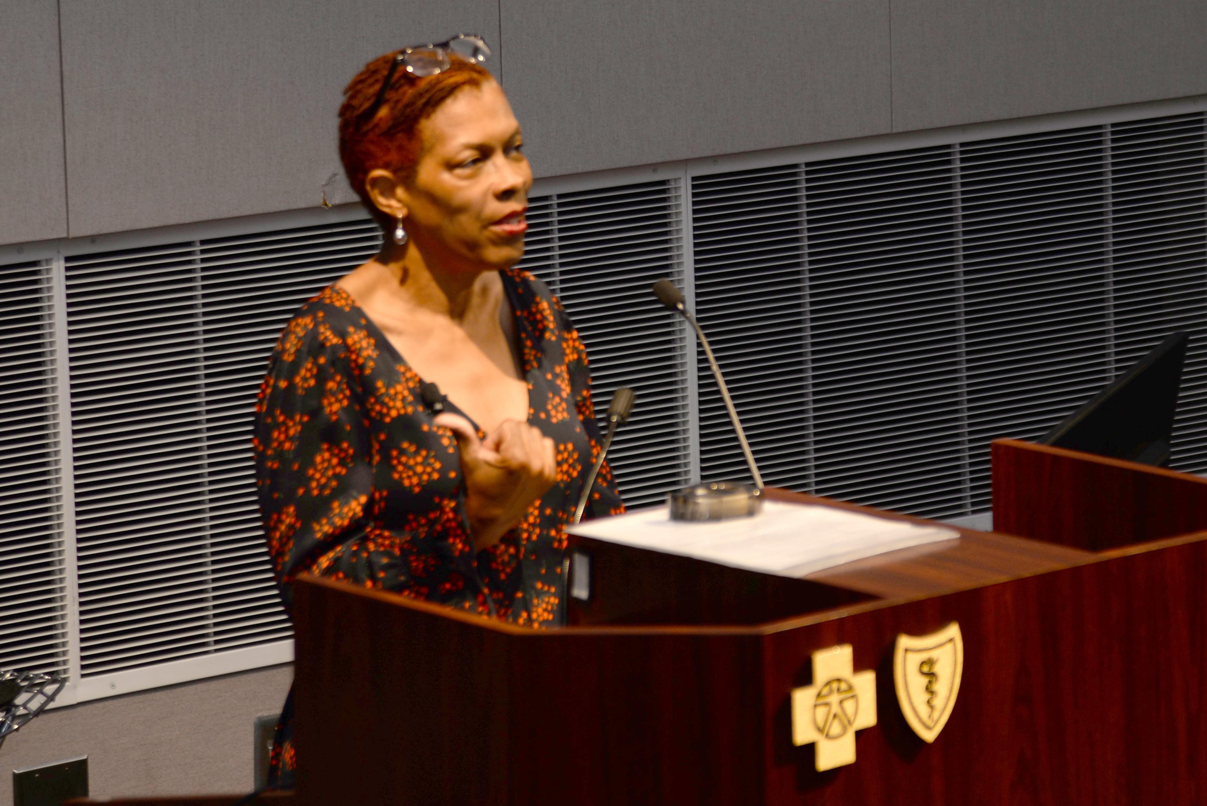 Author Rochelle Riley talks to Blue Cross employees.