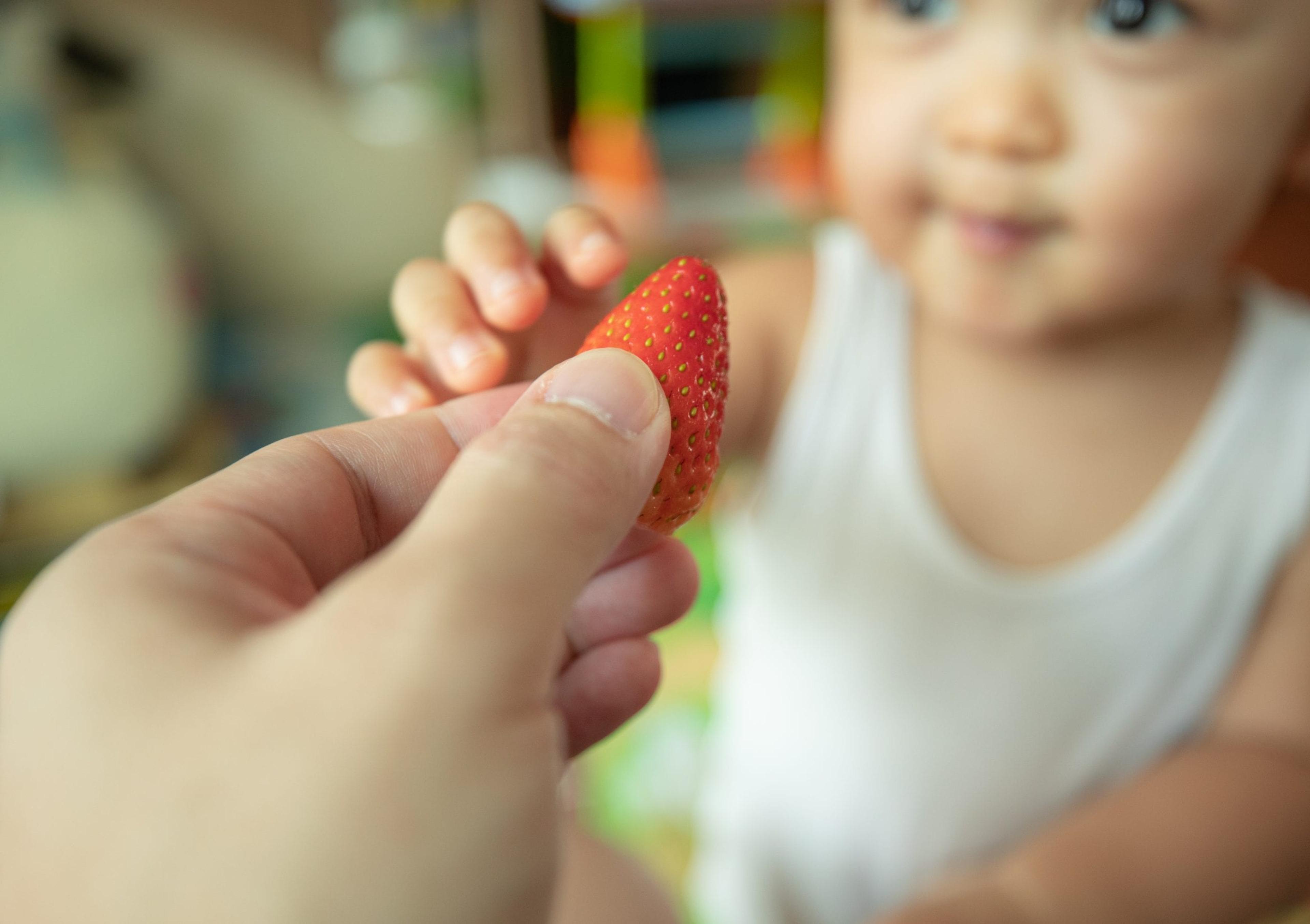 Little child reaching for a strawberry