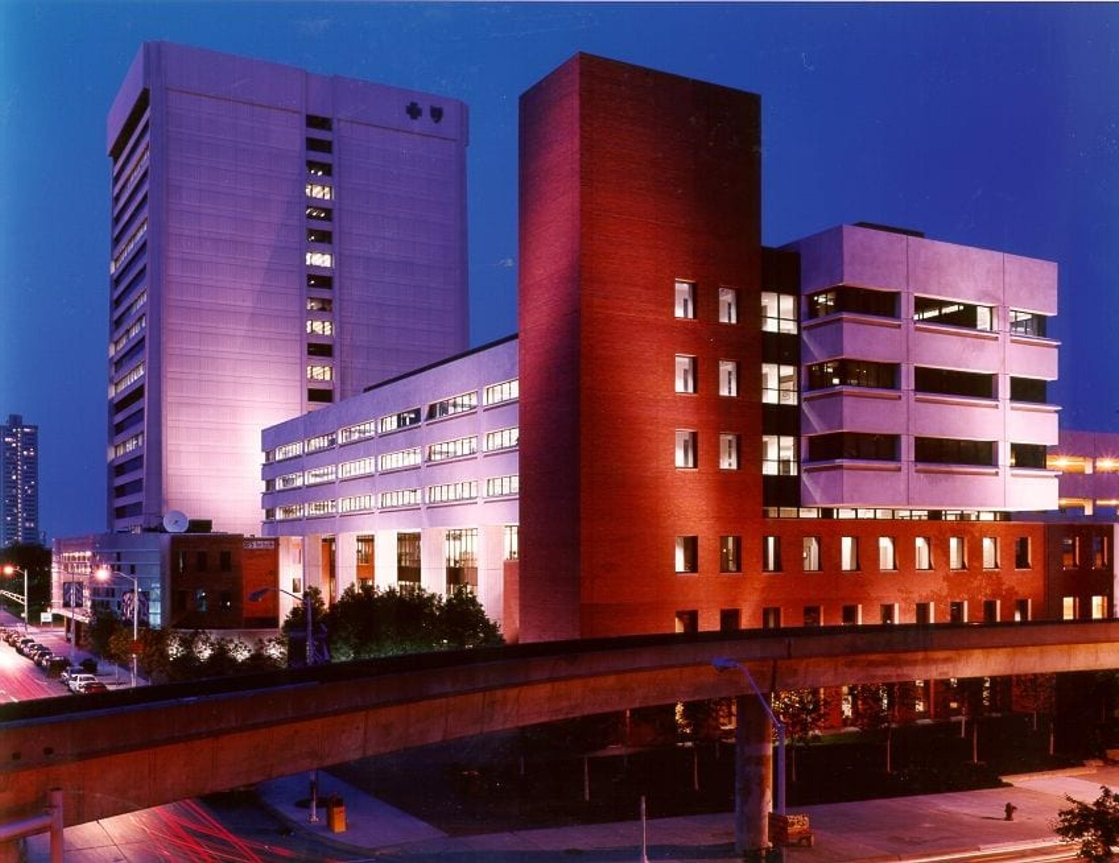 Blue Cross building at night