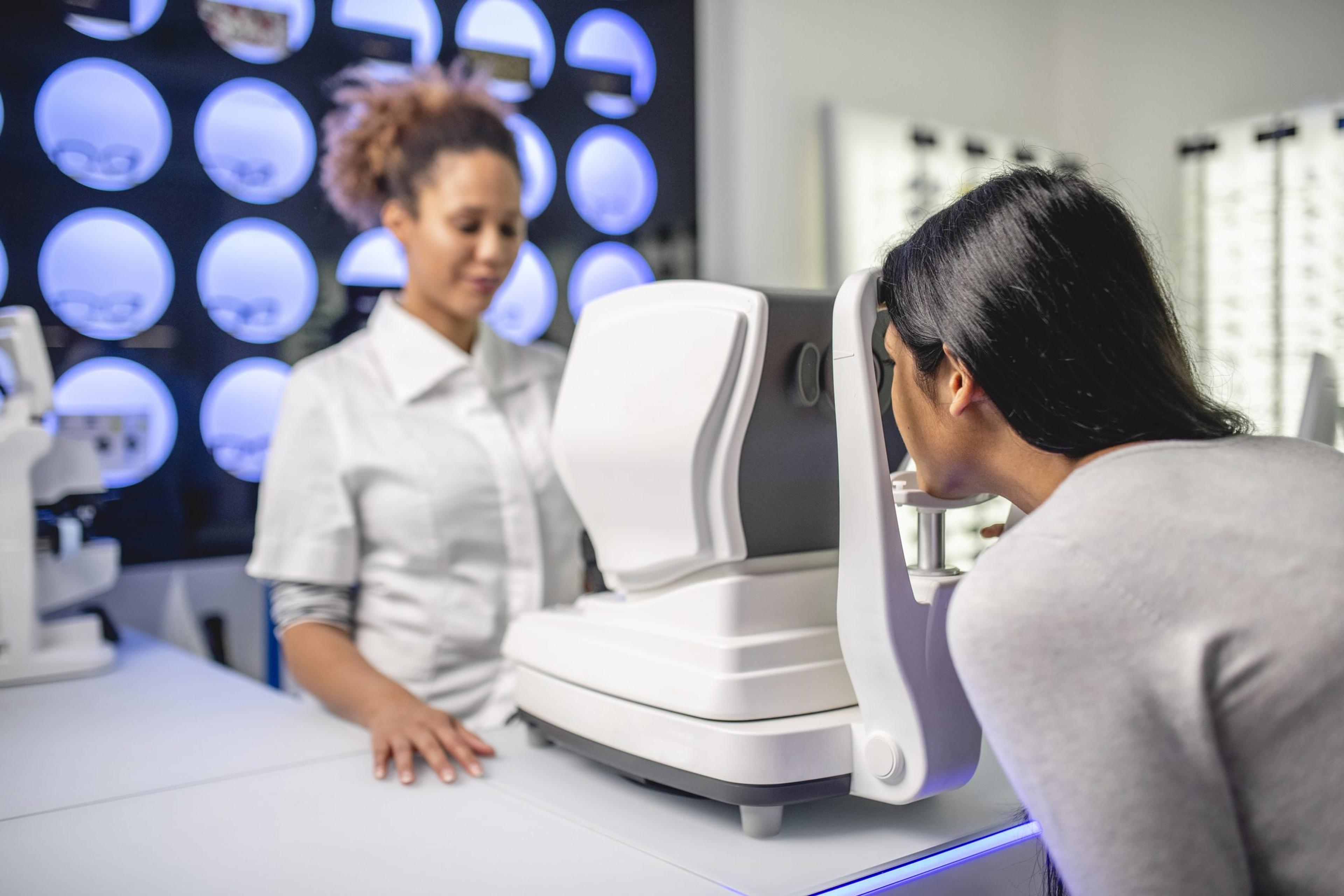 Indian woman getting an eye exam at the doctor's office