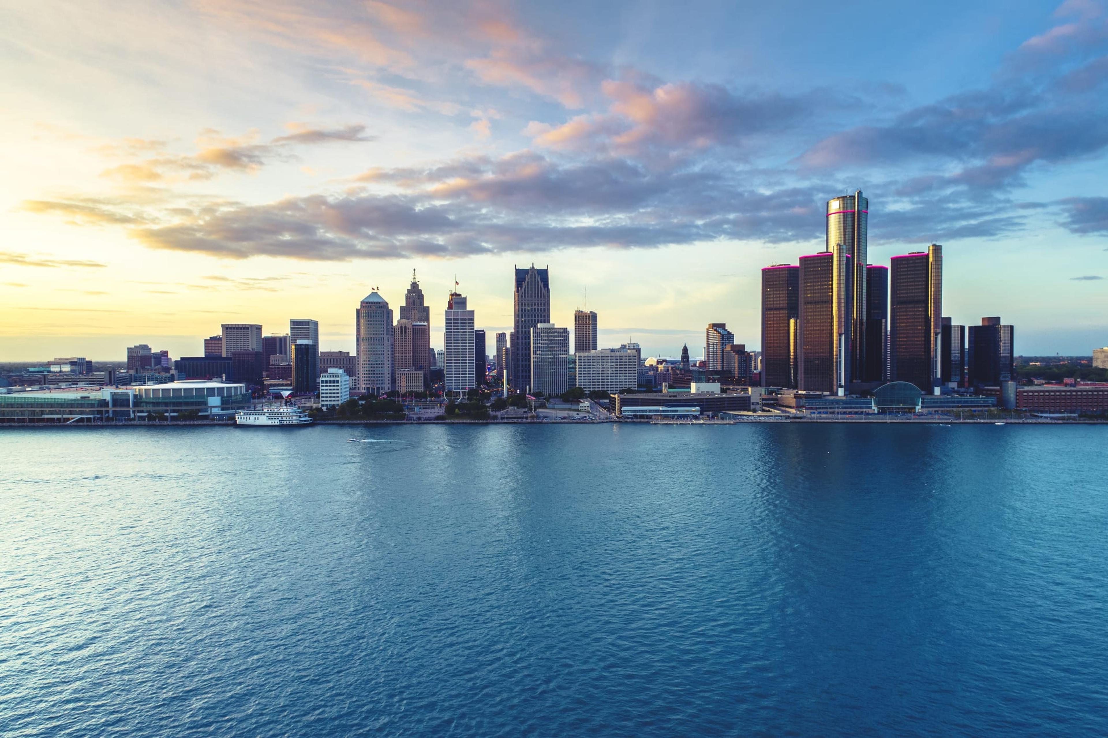 Detroit city skyline as the sun rises