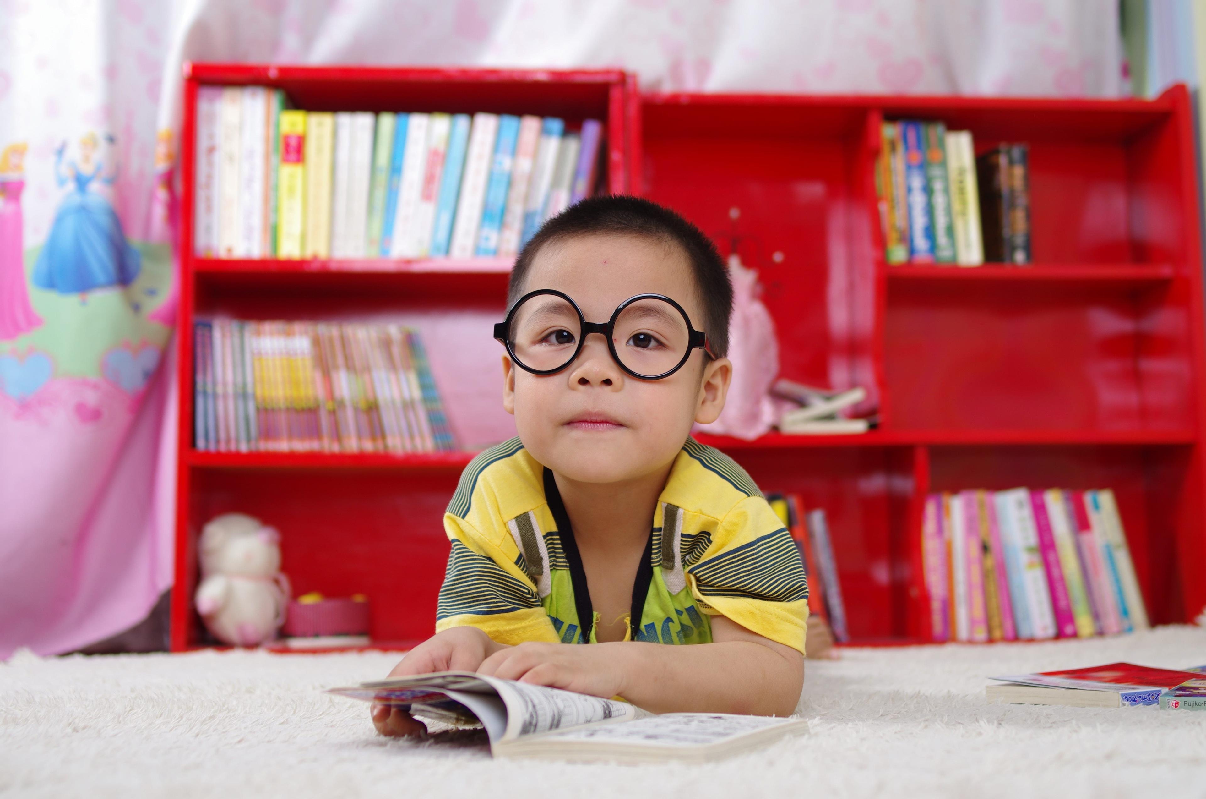 A young boy wit glasses reads a book