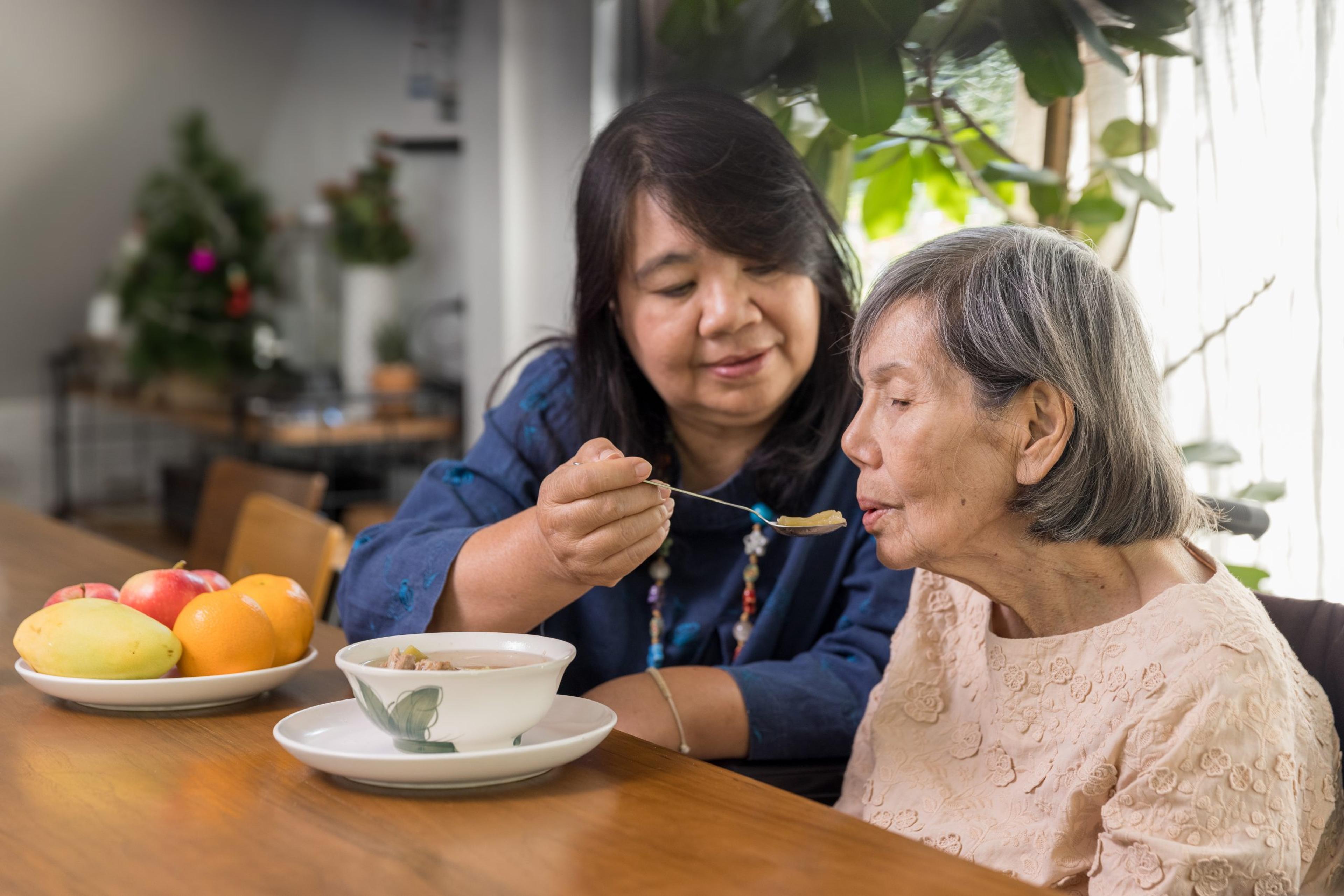 Daughter feeding elderly mother with soup.