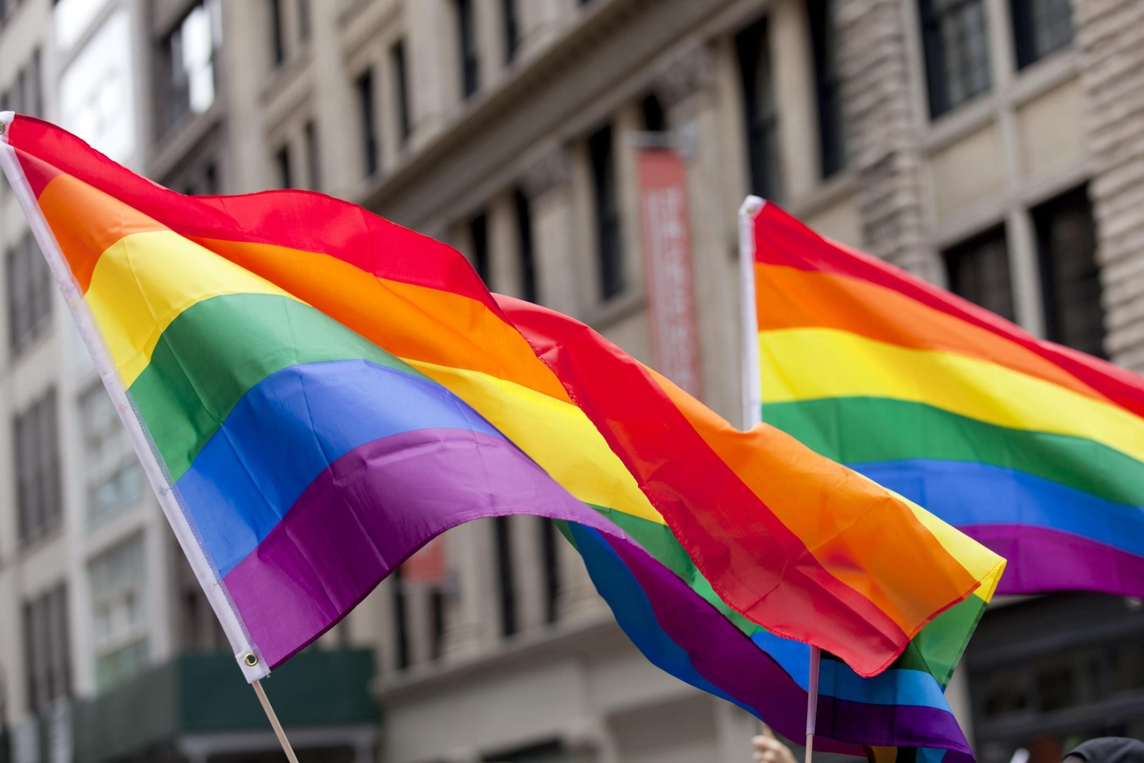 Pride flags hang outside a building